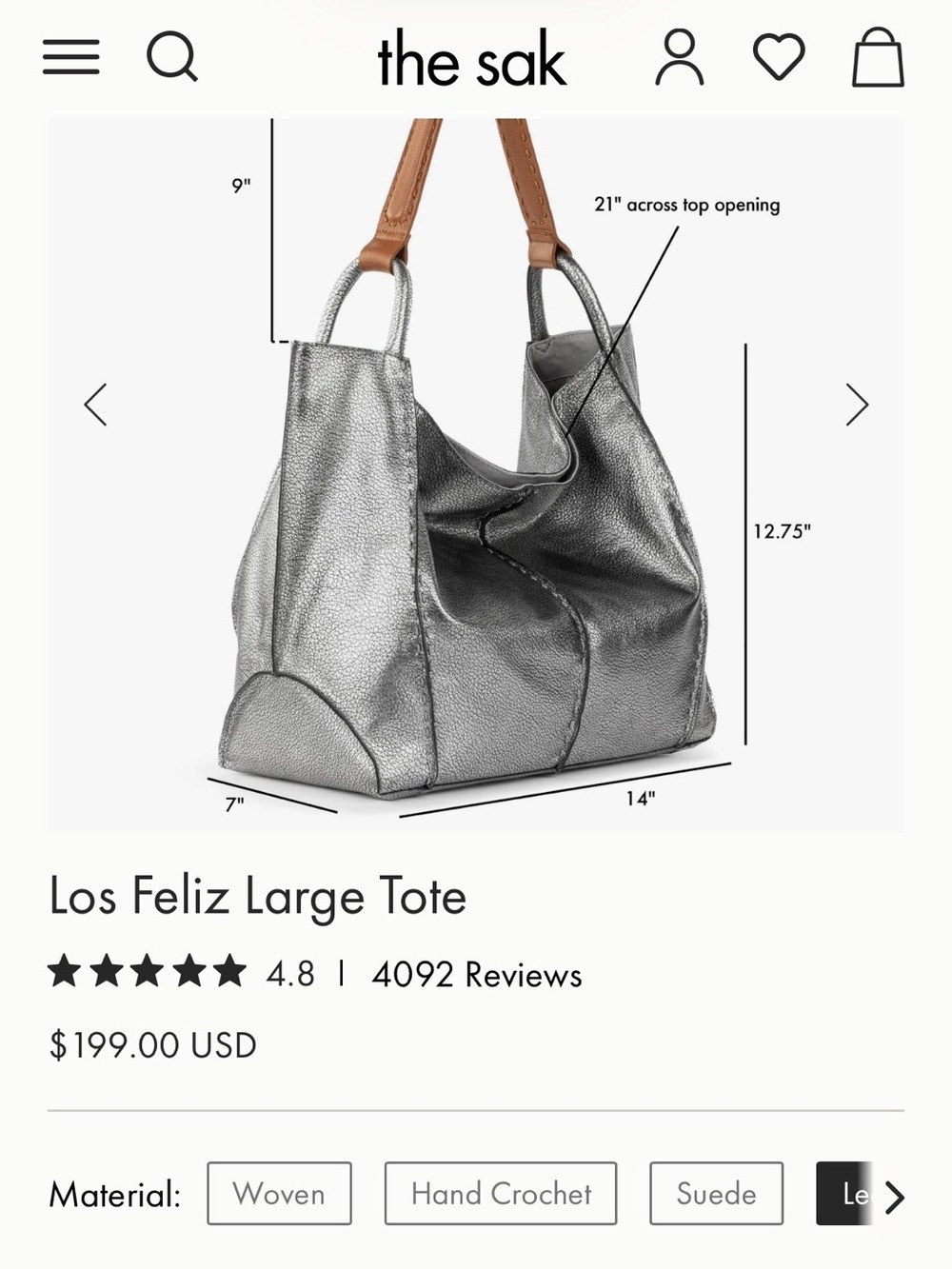 The Sak Los Feliz Large Tote Metallic Silver Tote with Brown Strap - Picture 3 of 3